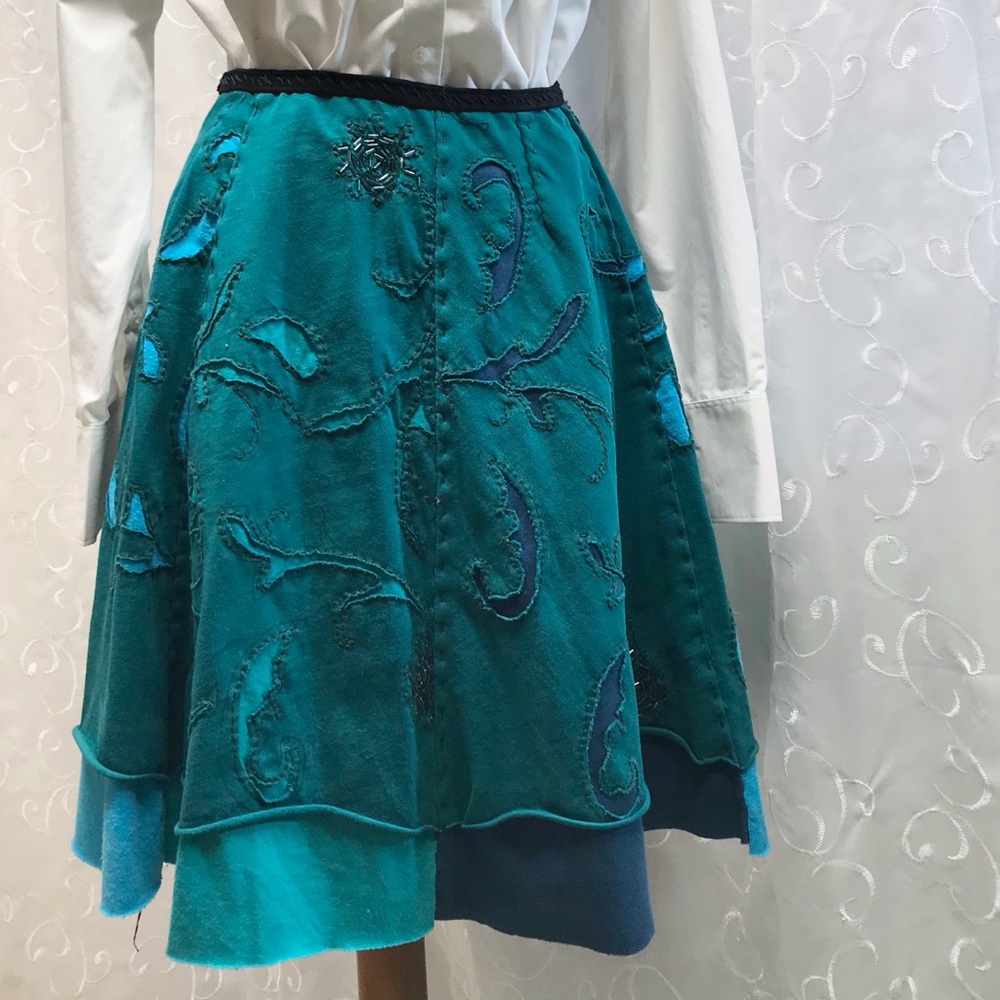Handmade upcycled 6-gore green and blue skirt